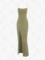 Spaghetti Strap Thigh Split Slinky Maxi Dress M Green