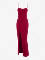 Spaghetti Strap Thigh Split Slinky Maxi Dress M Red