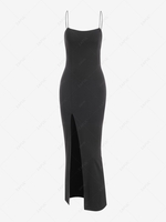 Spaghetti Strap Thigh Split Slinky Maxi Dress S Black