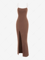Spaghetti Strap Thigh Split Slinky Maxi Dress S Light coffee