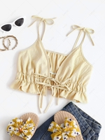 Spaghetti Strap Tie Gingham Ruffled Hem Crop Top M Yellow