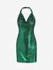 Sparkly Backless Slit Halter Dress L Green