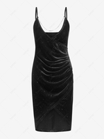 Sparkly Chain Embellished Draped Party Dress L Black