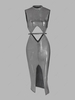 Sparkly Foil Print Cut Out Front Slit Bodycon Dress L Black