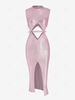 Sparkly Foil Print Cut Out Front Slit Bodycon Dress L Light pink