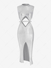 Sparkly Foil Print Cut Out Front Slit Bodycon Dress L Silver