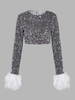 Sparkly Sequined Feather Cuffs Velvet Crop T Shirt L Silver