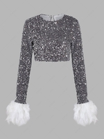 Sparkly Sequined Feather Cuffs Velvet Crop T Shirt L Silver