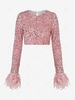 Sparkly Sequined Feather Cuffs Velvet Crop T Shirt S Light pink