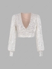 Sparkly Sequined Lantern Sleeve Crop Blouse S Silver