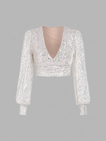 Sparkly Sequined Lantern Sleeve Crop Blouse S Silver