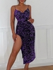 Sparkly Sequined Velvet Split Bungee Strap Party Dress L Purple