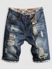 Splash Print Frayed Ripped Denim Shorts 34 Deep blue
