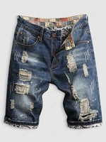 Splash Print Frayed Ripped Denim Shorts 36 Deep blue
