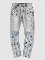 Splatter Paint Distressed Zipper Fly Jeans 32 Light blue