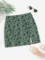 Split Hem Butterfly Print Mini Skirt L Green