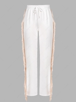 Split Hem Fringed Drawstring Straight Pants L White