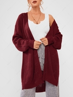 Split Hem Openwork Detail Open Cardigan L Deep red