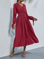 Split Sleeve Belted Pleated Midi Dress M Deep red