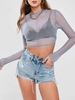 Split Sleeve Tie Cut Out Back Sheer Mesh Tee M Light gray