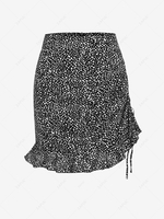 Spot Print Cinched Ruffled Hem Skirt S Black