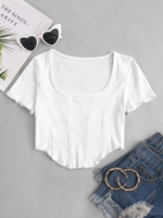 Square Collar Rib-knit Curved Hem Corset Top S White
