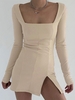 Square Collar Rib-knit Split Hem Slinky Dress L Light coffee