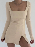 Square Collar Rib-knit Split Hem Slinky Dress S Light coffee