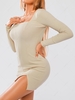 Square Collar Ribbed Slinky Split Hem Mini Dress L Light coffee