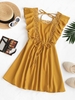 Square Collar Ruffle Guipure Lace Panel Open Back Dress M Yellow