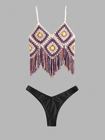Square Crochet Tassel Camisole and High Leg Bikini Bottom Set Multi a