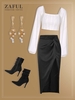 Square Knit Cropped Corset Top and Silky Twist Thigh High Slit Skirt Set White