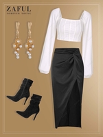 Square Knit Cropped Corset Top and Silky Twist Thigh High Slit Skirt Set White