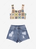 Square Neck Floral Crochet Crop Tank Top With Denim Frayed Shorts Multi a