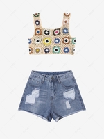 Square Neck Floral Crochet Crop Tank Top With Denim Frayed Shorts Multi a
