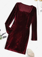Square Neck Velvet Bodycon Mini Dress M Red wine