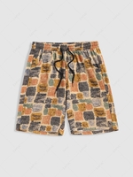 Square Print Vintage Drawstring Casual Beach Shorts 2xl Multi a
