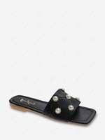 Square Toe Faux Pearl Topstitching Flat Slides
