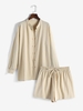 Stand Collar Button Down Shirt and Shorts Set L Coffee