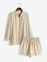 Stand Collar Button Down Shirt and Shorts Set L Coffee