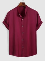 Stand Collar Solid Color Button Thin Shirt Xxl Red