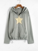 Star Patched Drop Shoulder Zip Up Thermal Lined Hoodie M Gray