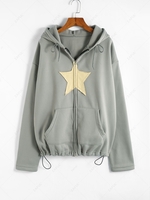 Star Patched Drop Shoulder Zip Up Thermal Lined Hoodie M Gray