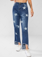 Star Print Ripped Stepped Hem Tapered Jeans L Light blue