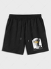 Statue and Letter Print Drawstring Shorts L Black