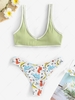 Stitching Dinosaurs Ribbed Cheeky Bikini Set Light green