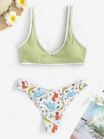 Stitching Dinosaurs Ribbed Cheeky Bikini Set Light green