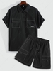 Stitching Half Zip Shirt With Shorts Cargo Two Piece Set Black