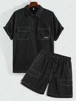 Stitching Half Zip Shirt With Shorts Cargo Two Piece Set Black
