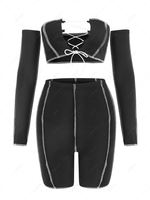 Stitching Lace-up Detachable Sleeves Bandeau Top and Bike Shorts Set S Black